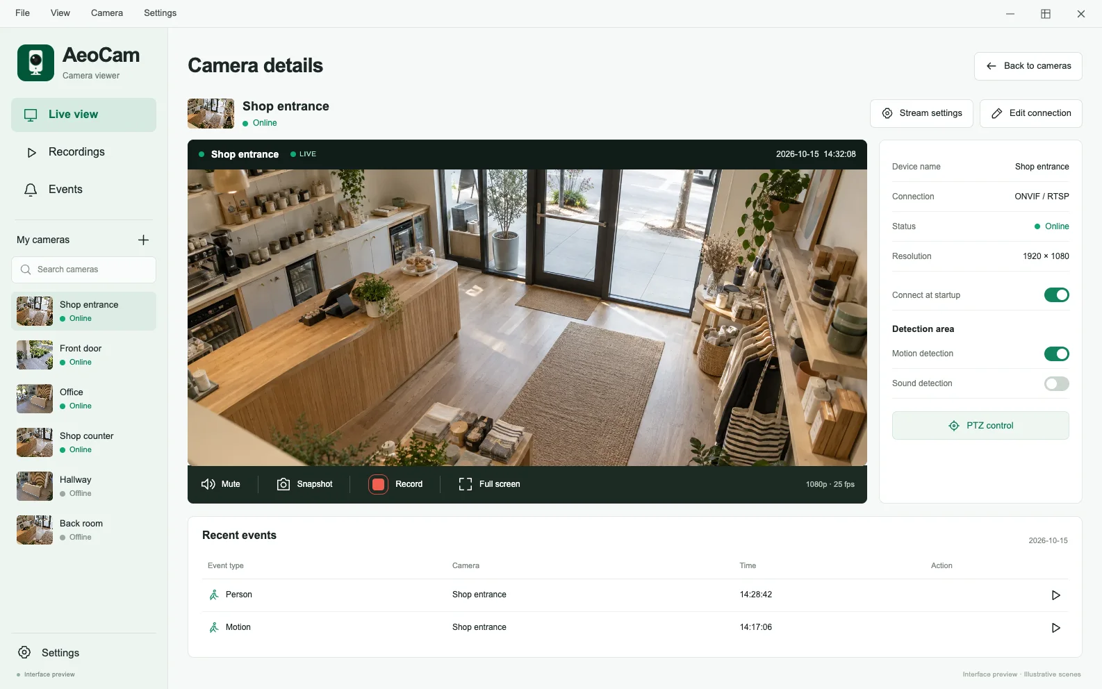AeoCam camera detail interface preview with live view and camera settings