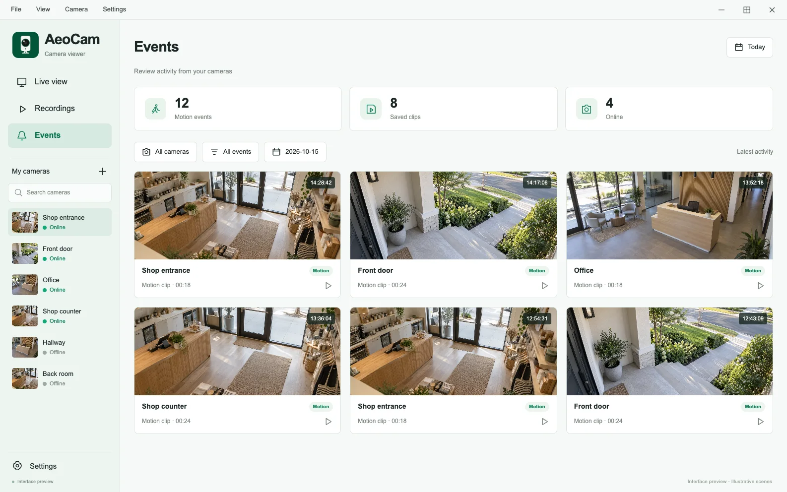 AeoCam event history interface preview with camera and event filters
