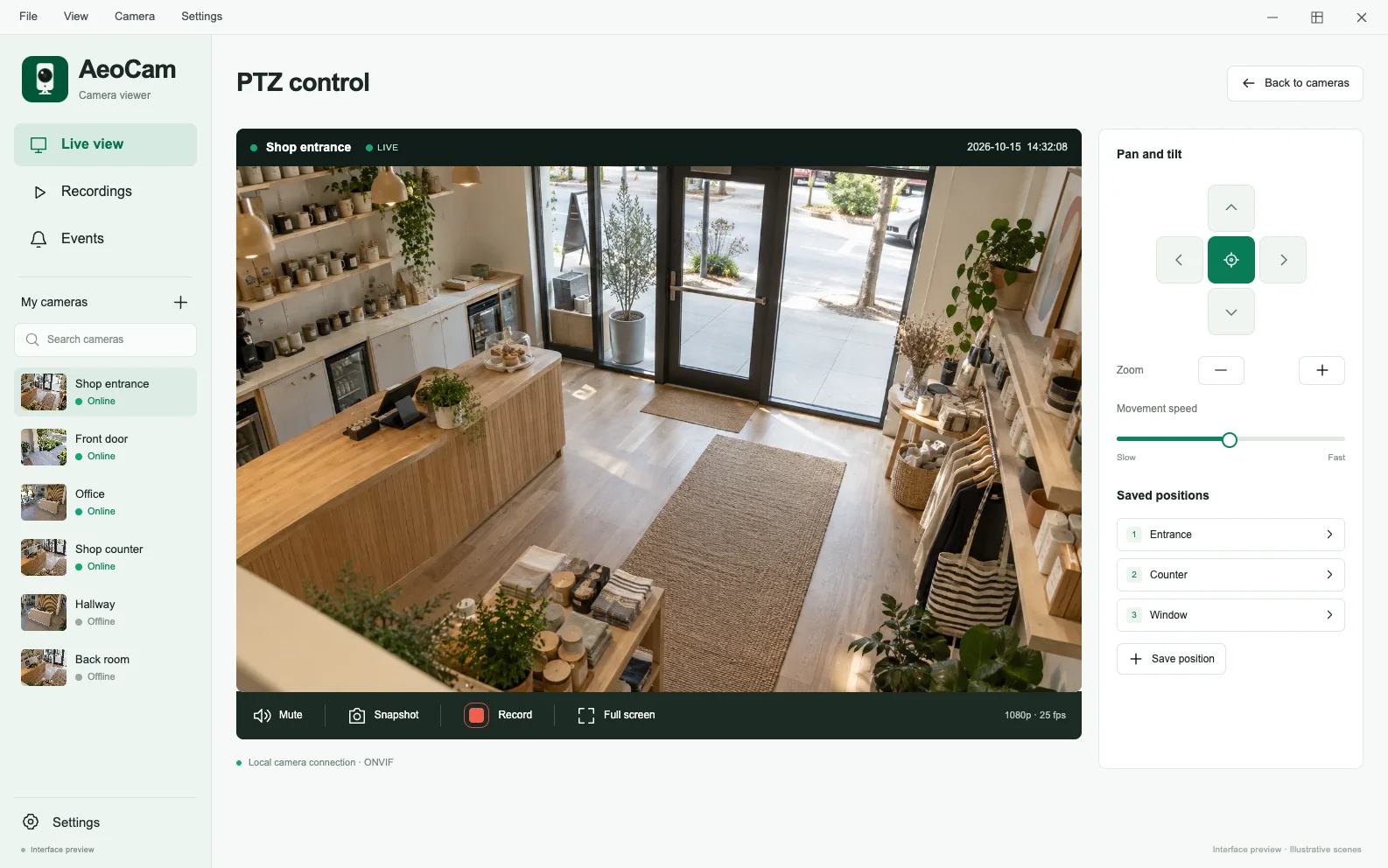 AeoCam ONVIF PTZ controls interface preview