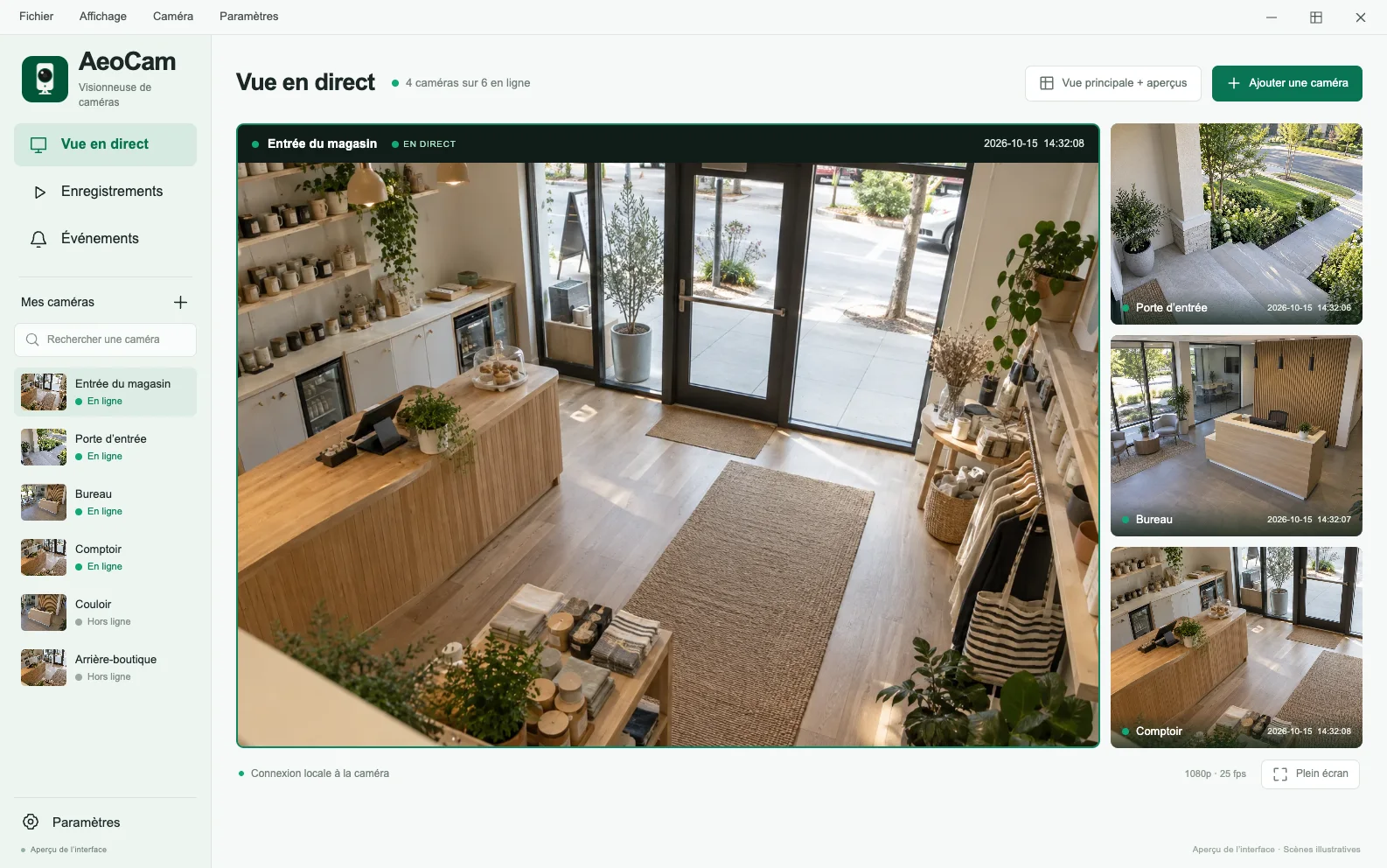 Aperçu de l’interface multicaméra AeoCam avec une vue principale et trois vues en direct plus petites